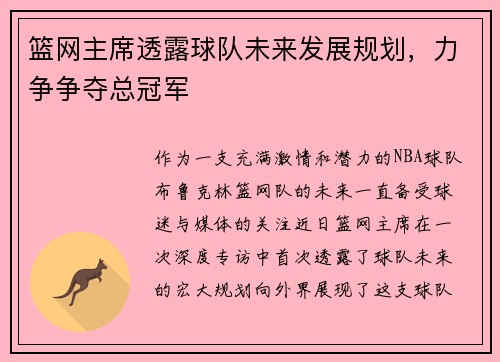 篮网主席透露球队未来发展规划，力争争夺总冠军