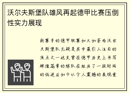 沃尔夫斯堡队雄风再起德甲比赛压倒性实力展现